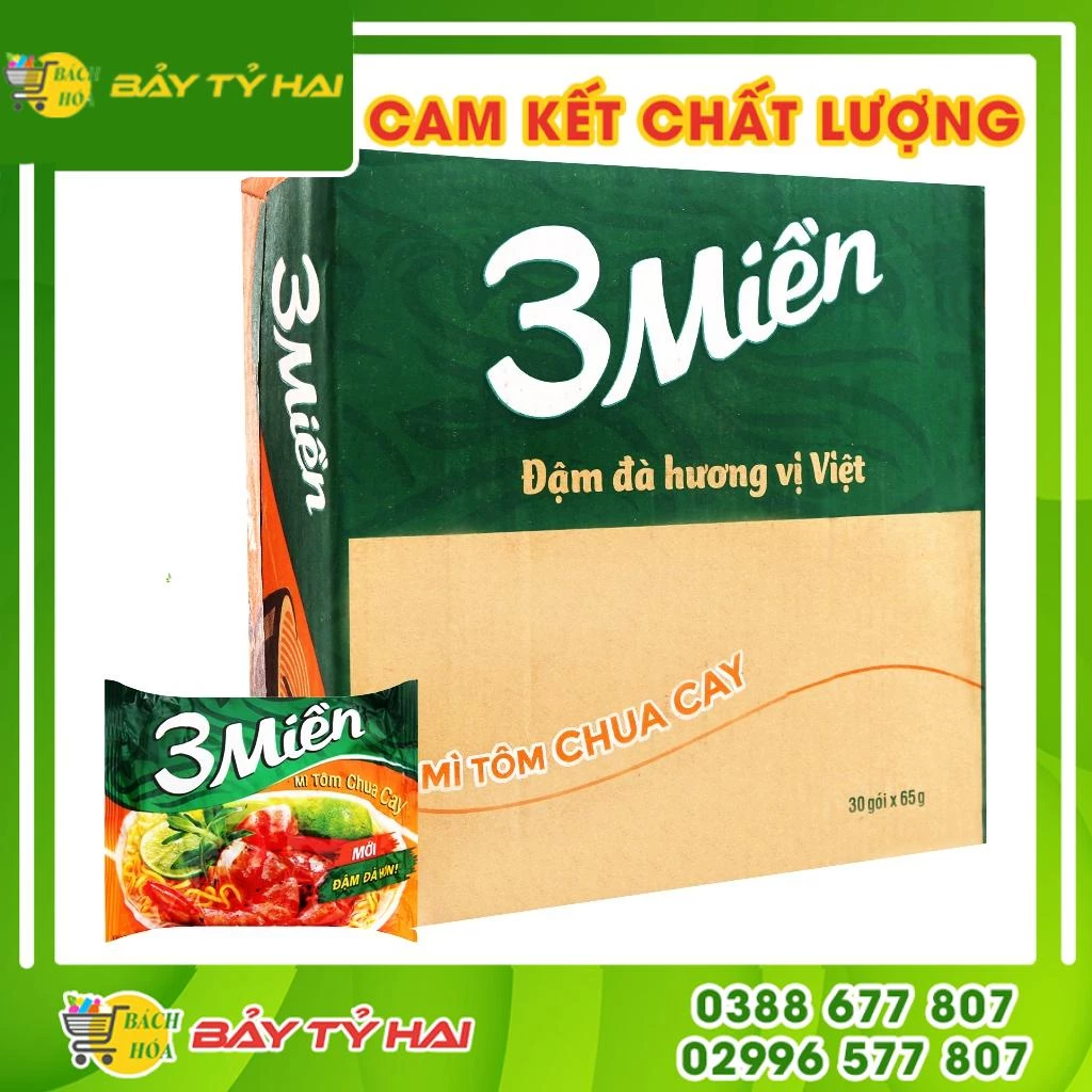 Thùng 30 gói mì 3 Miền tôm chua cay 65g