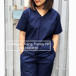 Bộ quần áo Phẫu thuật cổ tim nữ màu xanh đen - Bộ scrubs kỹ thuật viên, hộ lý, bác sĩ nữ cộc tay