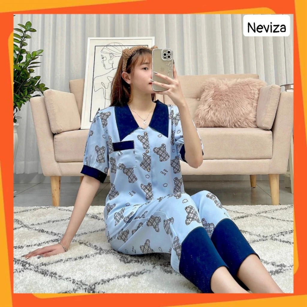 Đồ bộ nữ LỤA MANGO pijama nữ ngủ mặc nhà cao cấp quần dài áo cộc CỔ SEN vuông cute  BLU10