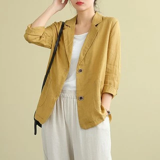 Áo Vest blazer nữ dài tay dáng lửng SLINEN, chất vải Linen bột Premium, form suông không kén dáng mặc.