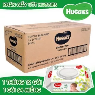 1 thùng gồm 12 gói khăn ướt Huggies loại 64 miếng