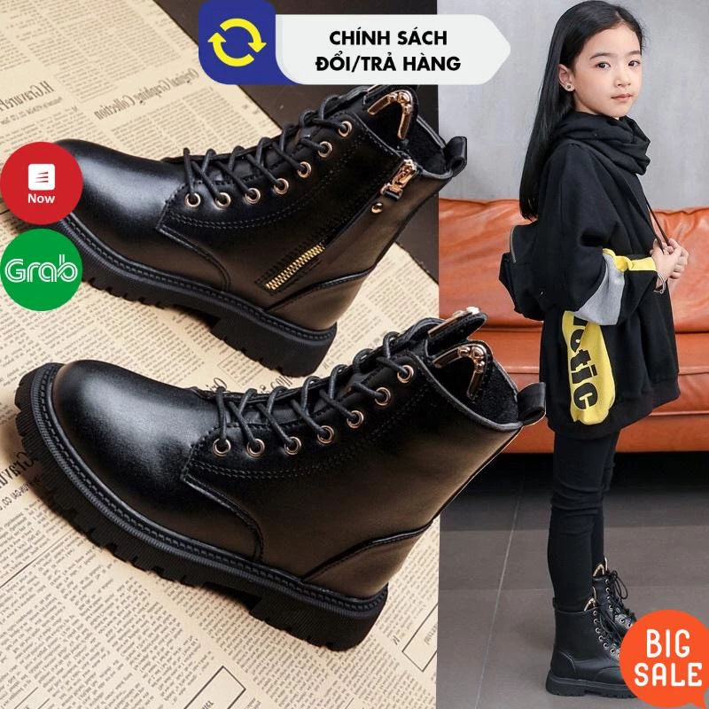 Giày boot cho bé gái bé trai da mềm đế êm nhẹ size 27-37 màu Đen phong cách Anh Martin cổ cao - Bốt trẻ em đẹp rẻ 2023