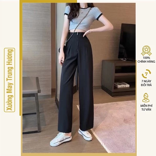 Quần ống rộng lưng cao khóa trước 1 khuy , Quần culottes chất tuyết mưa dáng dài