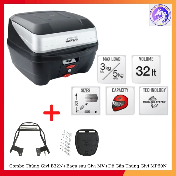 Combo Thùng Sau Givi B32N + Baga Sau Givi MV + Đế Gắn Thùng Givi MP60N Gắn Cho Xe Exciter 2009/2011/150 - Winner 150/X