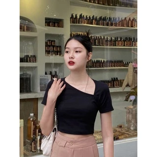 Áo thun gân dáng croptop cổ lệch Ulzzang basic dphối đồ -Áo Thun CropTop Cổ Chéo Độc Quyền