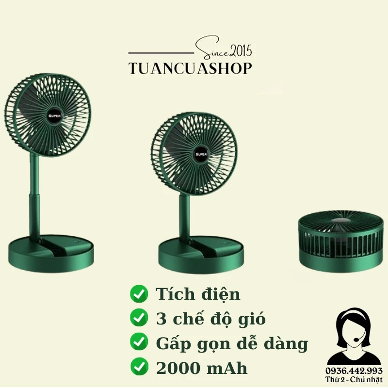 Quạt tích điện mini gấp gọn,3 chế độ gió quạt mini để bàn, xoay 180 độ, cổng sạc USB