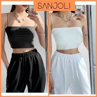 Áo Hai Dây Nữ Ống Cúp Ngực SANJOLI Croptop 2 Dây Hở Lưng Trơn Sợi Bún Vải Cotton Trắng Đen AO009