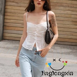 Linglongxi2 Áo Tank Top Hai Dây Mỏng Không Tay Hai Dây Cài Nút Rỗng Hình Hoa Cho Nữ