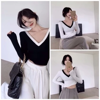 Áo kiểu thun croptop tay dài cổ tim phối màu basic cho nữ