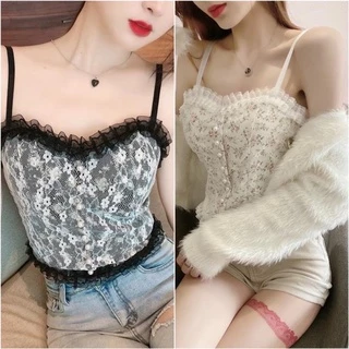 Áo 2 Dây Nữ Ren Hoa Tiểu Thư Đính Hạt Viền Bèo, Chun Sau Dáng Croptop Có Mút Ngực 1202