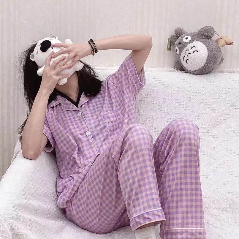 Bộ Đồ Ngủ 2 Món Áo Cardigan Tay Ngắn Phối Quần Short Kẻ Sọc Kiểu Hàn Quốc Dễ Thương