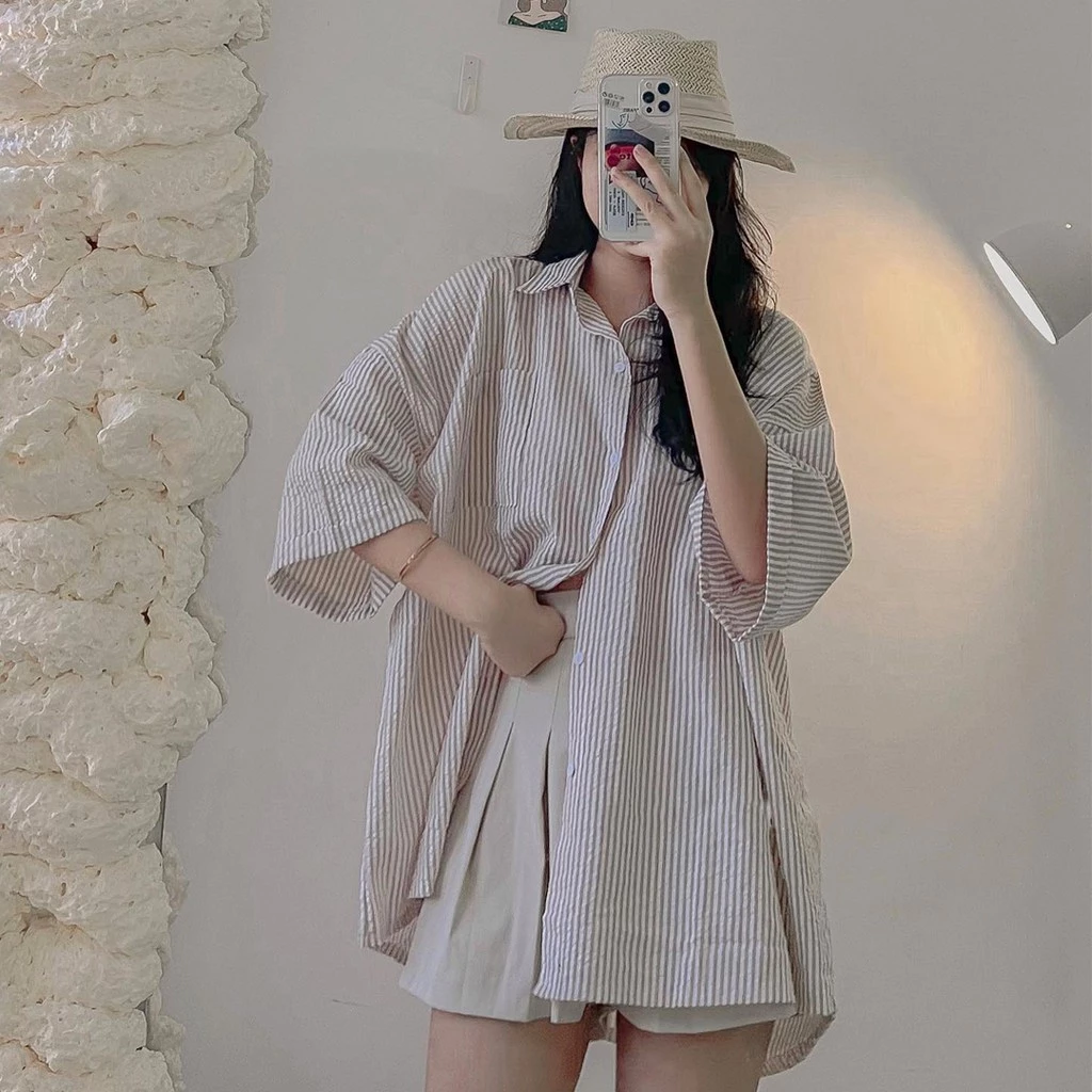 Áo sơ mi kẻ sọc dáng rộng Ulzzang - Ảnh thật