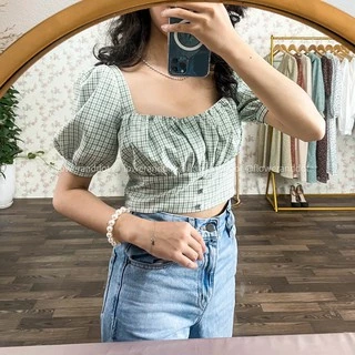 [Chính hãng] [Siêu Sale] Áo croptop tay bồng ôm eo kẻ xanh và kẻ đen theo style Prisian