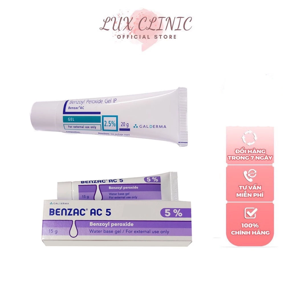 Benzac AC 2,5% 5% 20g benzoyl peroxide gel IP Galderma Kem hỗ trợ mụn viêm