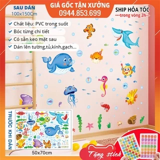 Tranh decal dán tường cho bé XL7206, đề can dán tường cho bé động vật dưới nước