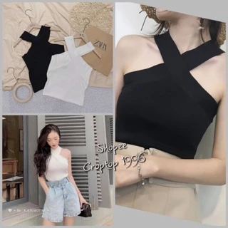 ÁO KIỂU CROPTOP CỔ YẾM CHÉO DÂY SANG CHẢNH - chất len dệt hàng đẹp alohastore1