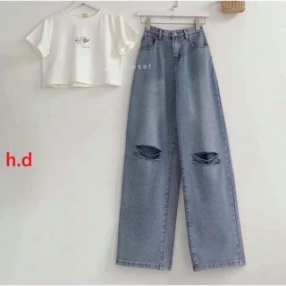 Sét áo croptop cậu bé thiên thần + quần bò rách gối HĐ12