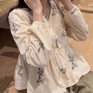 Áo Sơ Mi Nữ Tay Dài Phồng Thêu Hoa Phong Cách Hàn Quốc Baju Baju Wanita Lengan Panjang Hàng Mới Có Sẵn