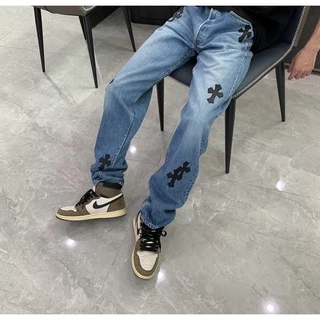 Quần jean baggy nam nữ Chrome Hearts quần jeans ống suông thánh giá xanh màu xanh unisex Kun Shop