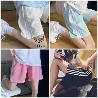 Quần Short Nữ 3 Sọc Thun Unisex Phối Dây Màu Pastel Ulzzang - Kiểu Quần Đùi Nữ Mặc Nhà Sooc Thun Kẻ Sọc Leevin Store