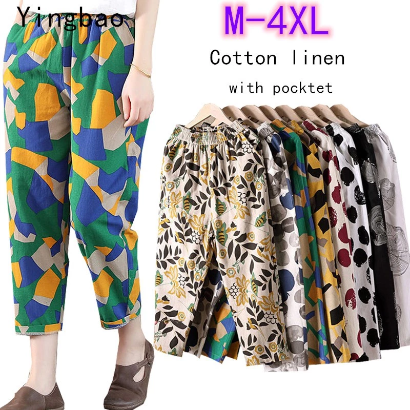 Yingbao Quần Nữ Có Túi Plus Size M-4XL Mùa Hè Thường Ngày Rời Hậu Cung Nữ Vải Lanh Cotton Boho Đi Biển In Mắt Cá Chân Bohemian Văn Phòng Làm Việc Quần Eo Cao