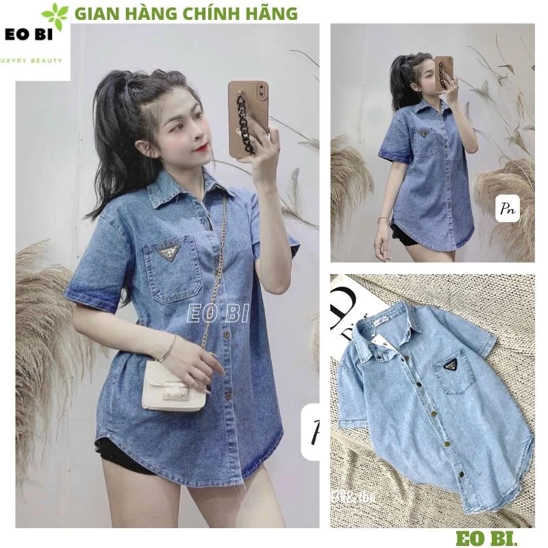 Áo sơ mi jeans bò dáng suông dấu quần trơn có lô gô ở ngực kiểu dáng hàn quốc ulzzang vintage -EOBI