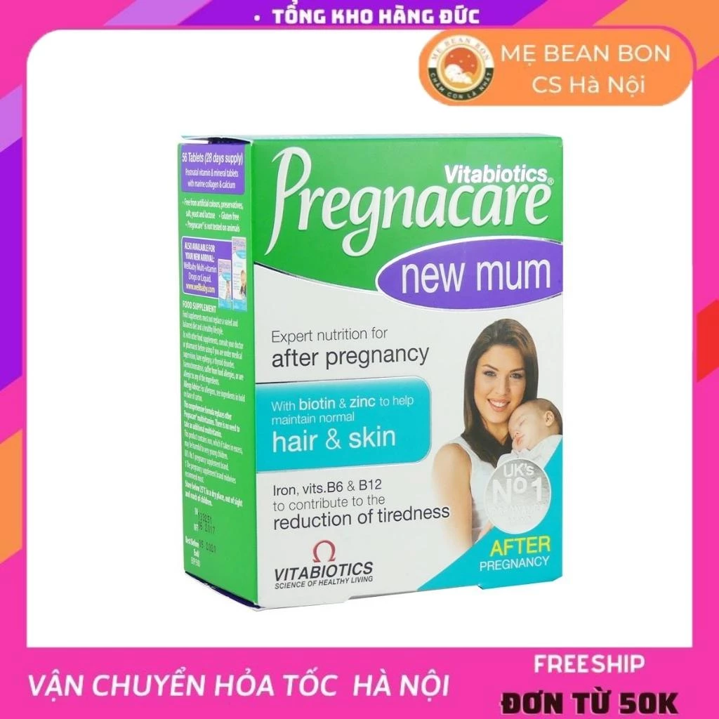 Vitamin tổng hợp cho phụ nữ sau sinh hay rụng tóc hói đầu sạm nám da Pregnacare New Mum 56v của Anh