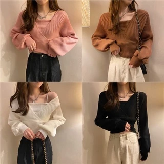 Áo len dệt kim áo sweater giả 2 áo phong các Hàn Quốc MS 08