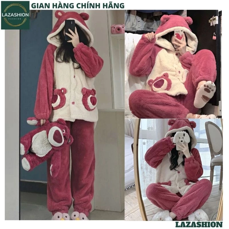 Bộ ngủ lông gấu phối đỏ mận siêu kute dễ thương ulzzang ,bộ đồ mặc nhà xinh sắn ấm áp mùa đông - LAZASHION