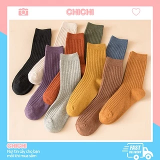 Tất vớ cổ cao trơn nam nữ vintage cotton dày đẹp phong cách Hàn Quốc Chichi T06