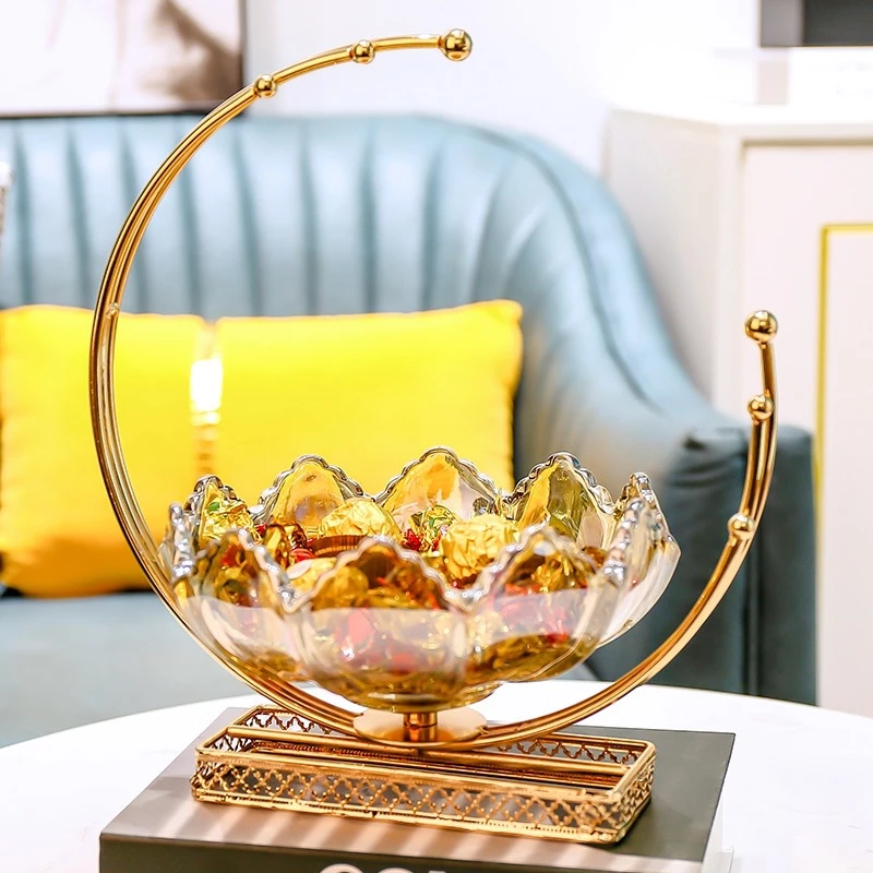 Khay đựng bánh kẹo hoa quả trang trí nhà cửa bằng thủy tinh khung mạ vàng sang trọng