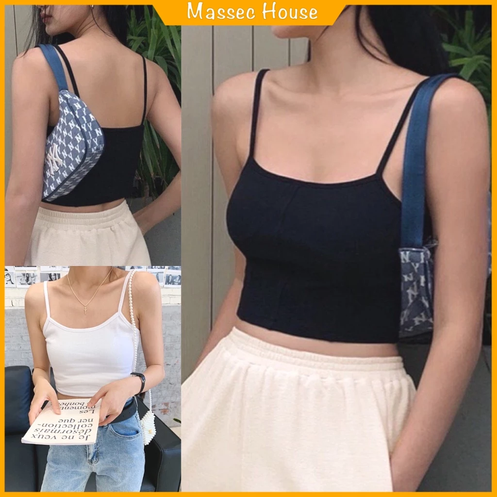 Áo Hai Dây Croptop MASSEC Chất Thun Gân Co Giãn Mùa Hè Phong Cách Basic A2204