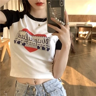 【WANG JIAO ZHAN】 Áo croptop thun croptop tay ngắn dáng ôm in họa tiết chữ【6783】