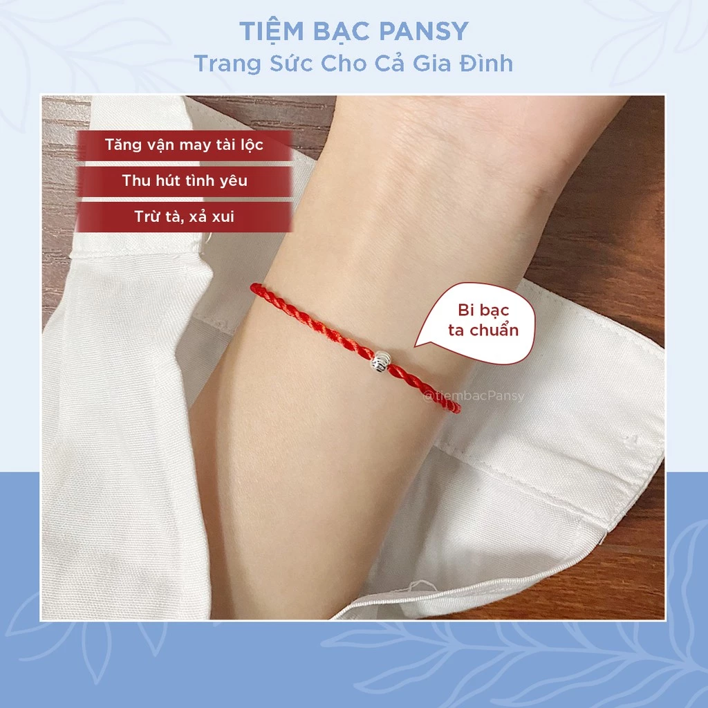 Vòng tay chỉ đỏ bi bạc Pansy người lớn và trẻ em đều đeo được, ý nghĩa may mắn, an nhiên, vòng handmade dây lụa xoắn
