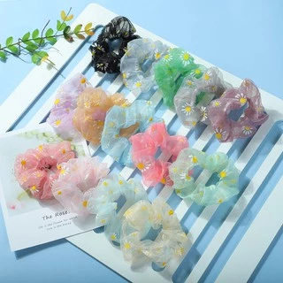 Dây Buộc Tóc Vải Scrunchies Hoa Cúc - Cột Tóc Vải Lưới Hàn Quốc Dành Cho Nữ