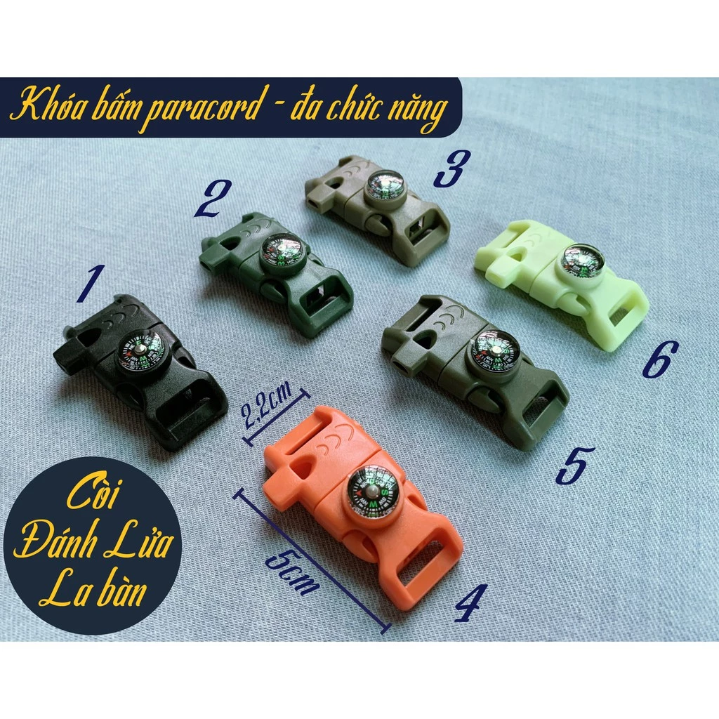 khóa bấm paracord có la bàn, còi, đánh lửa làm vòng tay sinh tồn