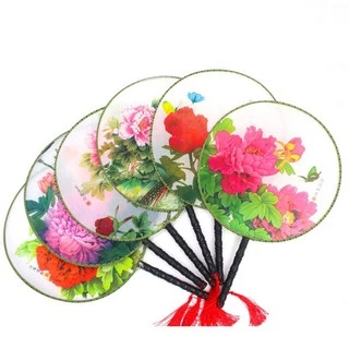 (25) Quạt tròn cổ phong dây tuyến quạt cầm tay  cổ trang cổ điển cosplay in hoa trang trí đẹp phong cách Trung Quốc