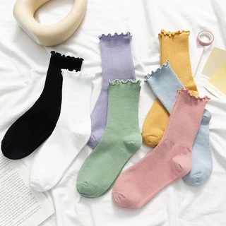 5 Pairs Crew Socks Women Pack Solid Cotton Socks Women Lolita White Black Knee High Socks Streetwear Harajuku Frilly Socks