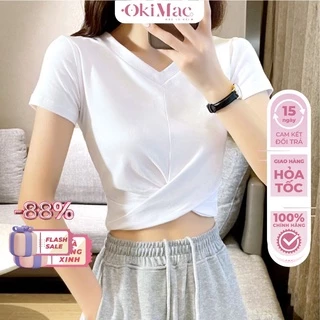 Áo croptop nữ OKIMAC cổ tim chữ v tay ngắn kiểu ôm body xoắn eo thun cotton phong cách ulzzang thời trang nữ