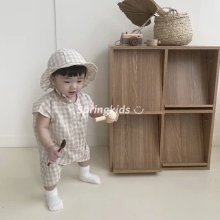 Set Áo Liền Quần Họa Tiết Caro Thoải Mái Kèm Mũ Đáng Yêu Cho Bé Sơ Sinh