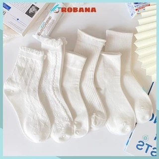 Tất vớ nữ cổ cao ROBANA trắng vải cotton co giãn thời trang Hàn Quốc