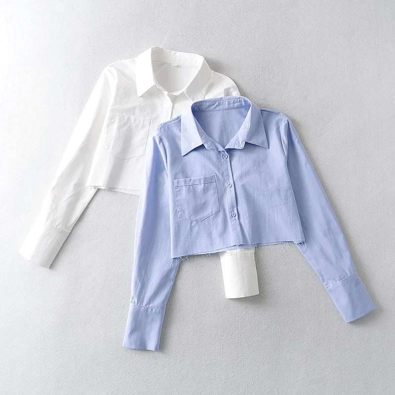 Áo Sơ Mi Nữ Croptop Thiết Kế Dài Tay Ống Rộng Phối Túi Ngực Phong Cách Ulzzang Thời Trang Sugal SO MI NU 029