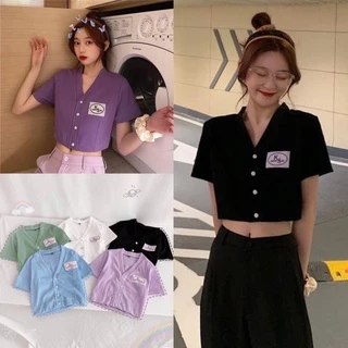 Áo croptop nữ cổ v khuy cài đính logo- áo cardigan cộc tay ôm body sexy tôn dáng phong cách ulzzang hàn quốc