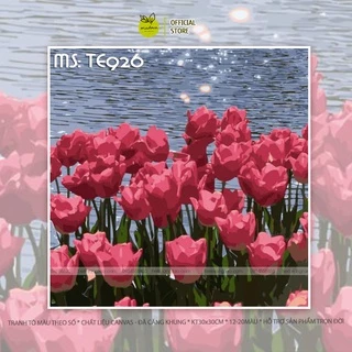 [30x30cm] Tranh tô màu số hóa Madoca có khung hoa tulip hồng đậm ven hồ TE926