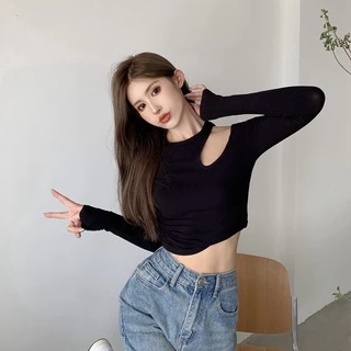 Áo Croptop Ôm Body Khoét Vai sang chảnh-Áo thun cổ tròn Body Nữ Dài Tay Khoét Vai cực xinh_veestore✨