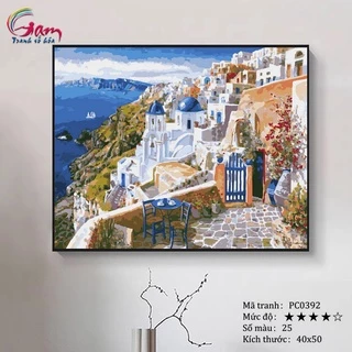 Tranh tô màu theo số Gam Phong cảnh bờ biển Santorini có căng khung 40x50cm PC0392