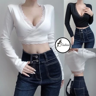 Áo Croptop Cột Eo Phối Ren Tay Dài Bigsize Dưới 80Kg Siêu Xinh Phong Cách Gợi Cảm "REN"