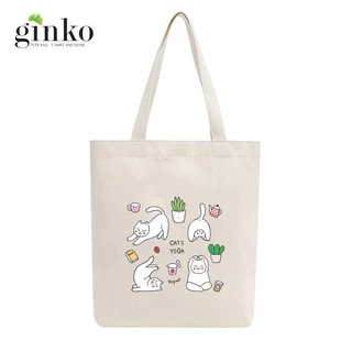 Túi Vải Tote GINKO Kiểu Basic Có Dây Kéo Khóa ( túi con ) In Hình Yoga Cats M84