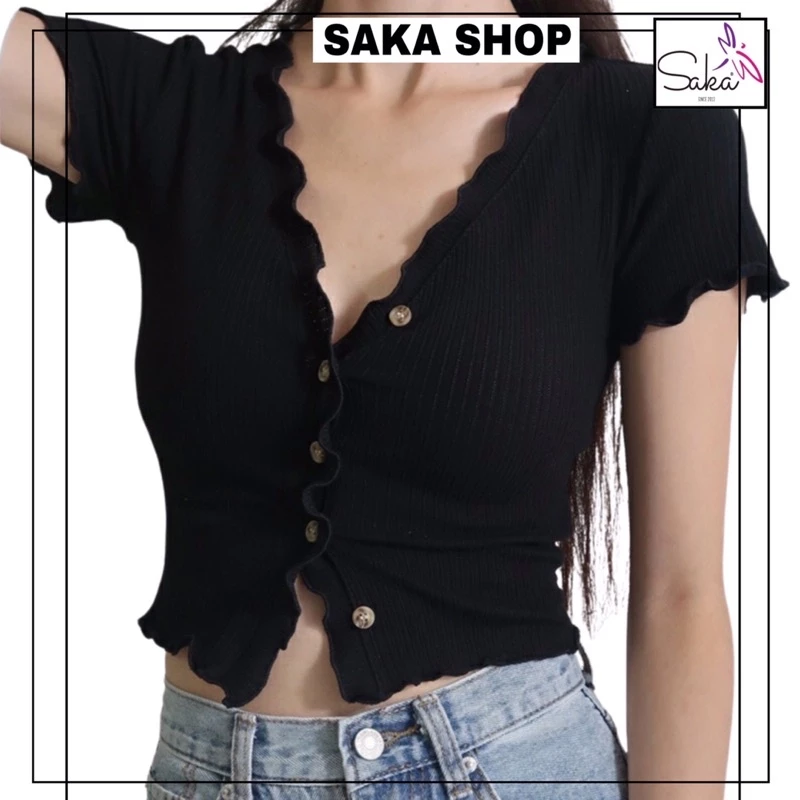 Áo thun nữ tay ngắn croptop trơn màu cuốn biên