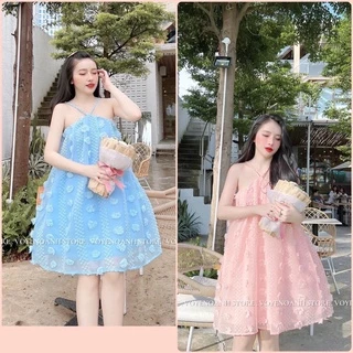 VÁY 2 DÂY CỔ YẾM HOA NỔI 2 LỚP ULZZANG FORM XOÈ RỘNG